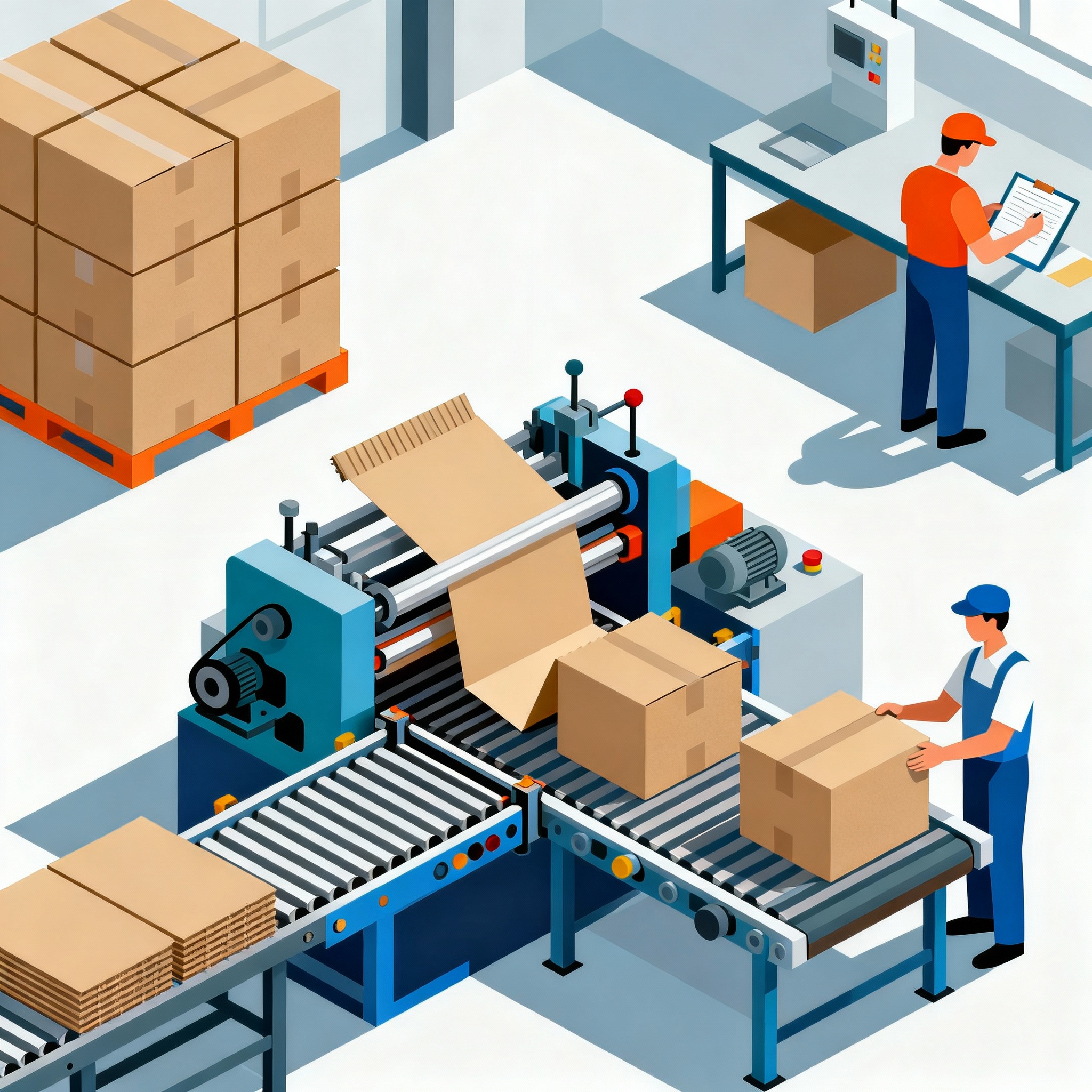 Illustration showing the manufacturing process of custom corrugated boxes with machinery, workers inspecting boxes, and stacks of cardboard boxes in a factory setting.